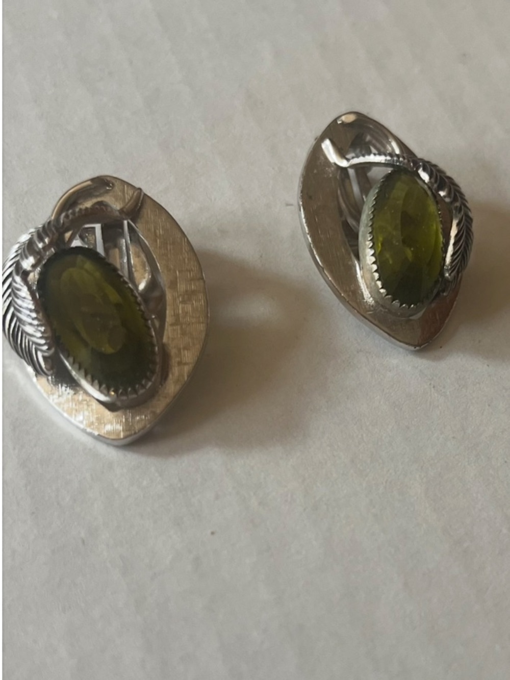 Vtg Whiting Davis Silver-Tone Earrings with Olive Green Stone